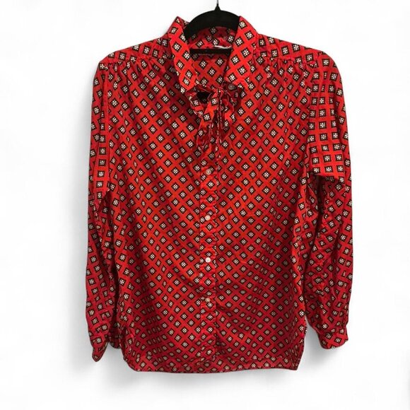 Vintage Evan Picone red and blue geometric women’s button up blouse with tie - Picture 1 of 3